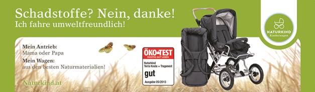 NATURKIND Kinderwagen Ida mit "Gut" bestanden im Ökö-Test - erhältlich bei Hautnah Naturwaren Eine Anzeige über den Naturkind Kinderwagen mit dem Öko-Testergebnis "Gut".